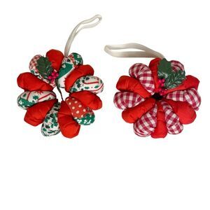 Vintage Christmas Ornaments Handmade Quilted Ball Wreath Set of 2 Green Red